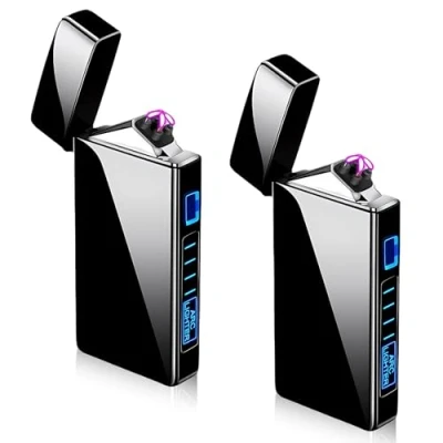 Immagine di 2 accendini elettronici USB, accendino elettrico a LED, doppio arco luminoso, con indicatore di batteria, antivento, al plasma premendo un pulsante