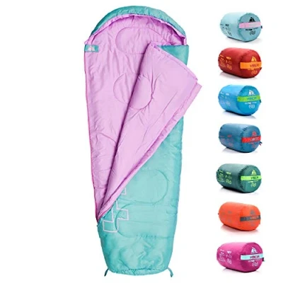 Immagine di meteor Sacco a Pelo Mummia Ideale per Bambini Campeggio Viaggio Escursioni Trekking Albergo Treno leggero Compatto Confortevole con Compressione YMER ((130 + 25) x 60/40 cm, Menta/rosa)