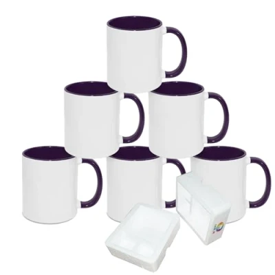 Immagine di MR.R Set di 6 tazze da caffè vuote per sublimazione, 325 ml, tazza bianca con interno e manico colore viola