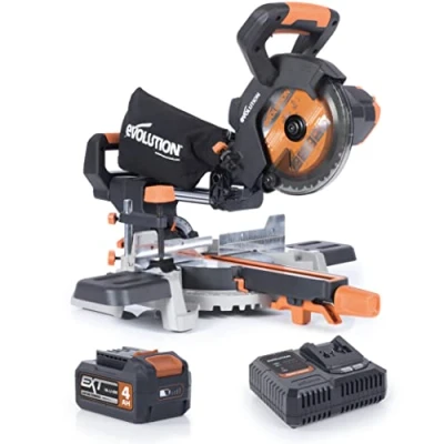 Immagine di Evolution R185SMS Li Troncatrice scorrevole cordless per taglio multi materiale, smusso 45, bisello 50, 850 W Include batteria 4 Ah e caricabatterie, lama TCT da 185 MM, 3 anni di garanzia