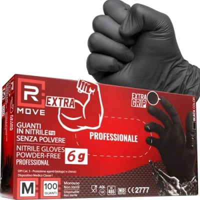 Immagine di R MOVE 100 Guanti in Nitrile NERI 6 grammi EXTRA RESISTENTI 60% di SPESSORE più al dito rispetto 3,5 gr NO polvere lattice per Meccanici, Tatuatori, Ristorazione, monouso (M)