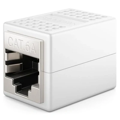 Immagine di deleyCON 1x CAT6a Accoppiatore Cavi di Rete Cavo Patch Ethernet Adattatore Componibile Schermato 2x Presa RJ45 10Gbit/s DSL LAN Bianco
