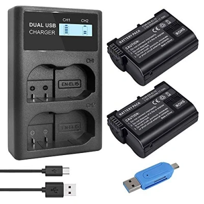 Immagine di CITYORK 2 pezzi EN EL15 EL15A 2500 mAh batteria di ricambio e kit caricabatterie doppio Smart LED per Nikon D750, D7200, D7500, D850, D7100, D610, D500, MH 25a, D7000, Z6, D810 fotocamera digitale