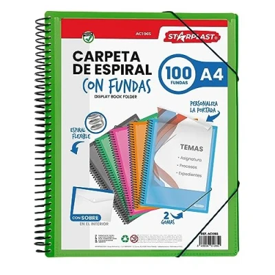 Immagine di Starplast Cartella buste Spirale Flessibile 100 trasparenti, A4, chiusura elastica, copertina in polipropilene, personalizzabile, per uso scolastico e ufficio colore Verde