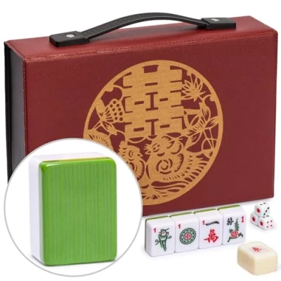 Immagine di Yellow Mountain Imports Set di Mahjong Cinese Oasi Bambù con 146 Tessere Piccole e Custodia in Vinile Rosso — Solo per Gioco Stile [「竹林綠洲」中國麻將]