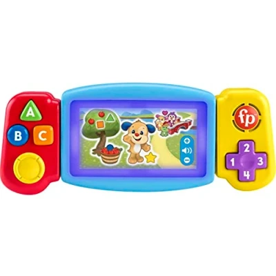 Immagine di Fisher Price Console Gira e Impara, Videogioco Finto per Bambini ai Primi Passi, con luci, Suoni Canzoni educative,Giocattolo 9 36 Mesi, Edizione: UK Inglese, HNM83