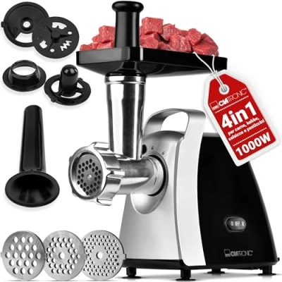 Immagine di Clatronic® Tritacarne 1000W con attacco per biscotti/pasticceria 3 dischi perforati in metallo avanti e indietro incluso insaccatore salsicce collo vite senza fine FW 3803