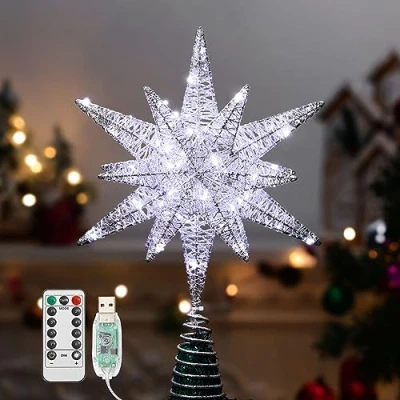Immagine di Lewondr Puntale per Albero di Natale a Forma Stella, 11&quot; con Base Spirale Telecomandato Alimentato da USB o Batteria, 8 modalità Luce Timer, Argenteo