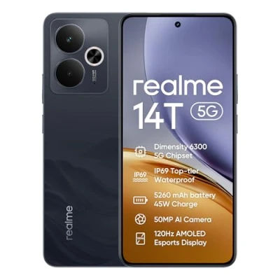 Immagine di Smartphone realme 14T 5g, 8+256GB,batteria 5260 mAh,Processore Dimensity 6300, IP69, display 120Hz,Fotocamera AI da 50MP,Obsidian Black, esclusiva Amazon(Nessun adattatore)