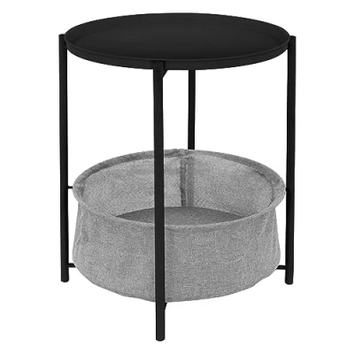 Immagine di ML Design Tavolino Rotondo da Divano Ø46 x A51 cm Nero in Metallo Caffè con Cesto Tessuto e Vassoio Rimovibile Salotto Cestino Portaoggetti Tavolo Basso per Soggiorno
