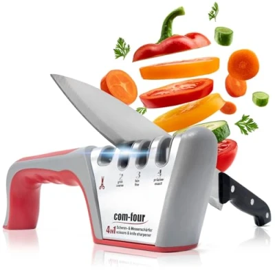 Immagine di COM FOUR® affilacoltelli Premium con 4 livelli, adatto anche per forbici manuale professionale pratico manico e rivestimento antiscivolo (1 pezzo color argento. Grigio. rosso)