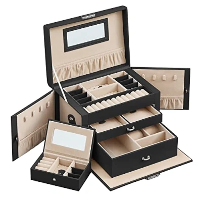 Immagine di SONGMICS Scatola Portagioie a 3 livelli, Porta Gioielli con 2 Cassetti, Mini Box Portatile da Viaggio, Maniglia, Chiudibile Chiave, Idea Regalo, PU Nero Inchiostro, Fodera Beige Sabbia JBC121B