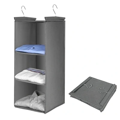 Immagine di AiQInu Organizer da Appendere, Portatutto con 3 Scomparti, Organizzatore Armadio Ganci in Metallo e Divisori Interni Bambù Pieghevole Salvaspazio Portaoggetti
