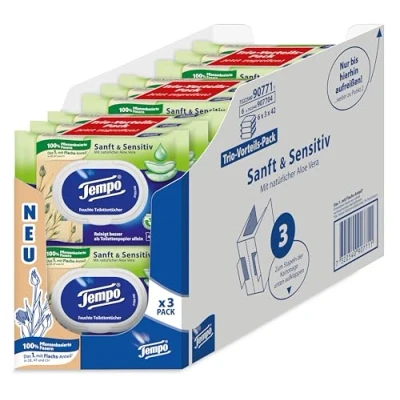 Immagine di Tempo Carta igienica, umida, delicata, Trio Pack (18 confezioni da 42 fogli ciascuna), confezione grande, 1 kg