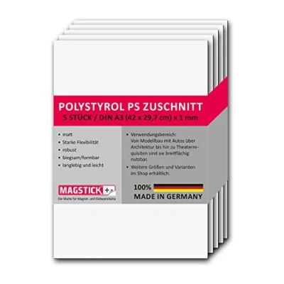 Immagine di Set di 5 lastre in polistirolo bianco I DIN A3 plastica rigida PS tagli 29,7 x 42 cm 1 mm spessore per modellismo architettura fai da te mag_262