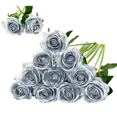 Immagine di Floralsecret 12 pezzi, bouquet di rose artificiali in seta, fiori finti per decorazioni nuziali casa, colore argento