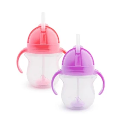 Immagine di Munchkin Click Lock Set di Tazze Antigoccia con Cannuccia e Tappo a Scatto, Contrappesata per Neonati Bambini Lavabili in Lavastoviglie, senza BPA Pacco da 2 x 207ml, Rosa/Porpora