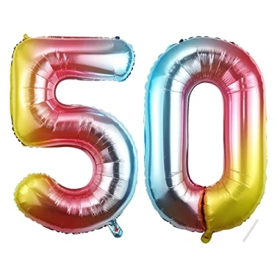 Immagine di Palloncini Compleanno 50 anni 101 CM Arcobaleno Palloncino Numero Gonfiabile in Foil Decorazioni di un uomo donna Vola con l&#039;Elio