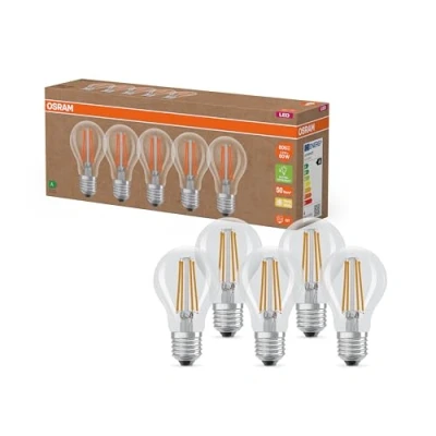 Immagine di OSRAM Lampade LED ad alta efficienza con classe di energetica A, Confezione vantaggiosa 5 lampadine, sostituzione 60W, bianco caldo (2700K), E27, vetro a filamento