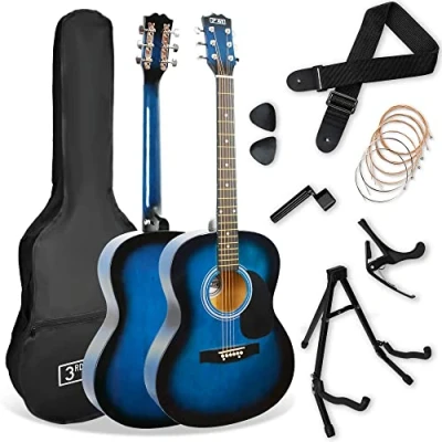 Immagine di 3rd Avenue Pacchetto con chitarra acustica di dimensioni standard 4/4 livello beginner, custodia da trasporto, plettri e corde riserva, stand, tracolla, capotasto Blu