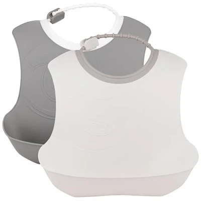 Immagine di Twistshake 2x Bavaglino Impermeabile per Neonati, con Ampia Tasca Raccoglipappa, Dimensione Regolabile, Plastico, 4+ Mese, Grigio Bianco