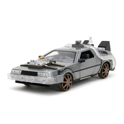 Immagine di Jada Toys Time Machine Back to The Future 3, modello auto in metallo, 1:24, porte apribili, luce LED, versione con cerchi marroni, 20 cm, argento