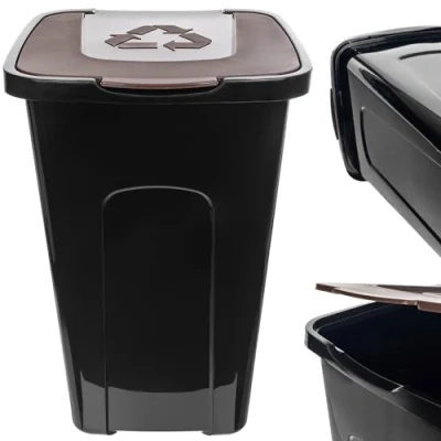 Immagine di KADAX Grande Pattumiera con Coperchio per la Raccolta Differenziata, Bidone della Spazzatura in Plastica Interno ed Esterno (Marrone, 50 L)