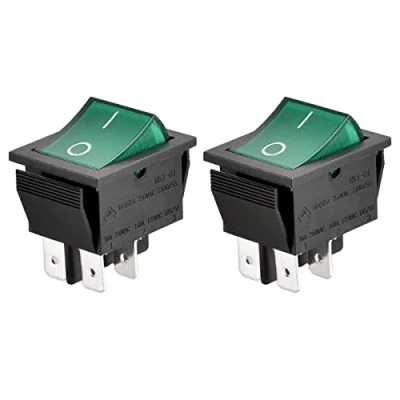 Immagine di Heschen Interruttore a bilanciere, acceso/spento, DPST, 4 terminali con luce verde, 16 A, 250 V CA. Nr.2 pezzi.