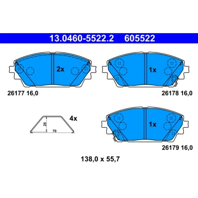 Immagine di ATE 13.0460 5522.2 Kit pastiglie freno con segnalatore acustico usura accessori MAZDA: 3 Hatchback
