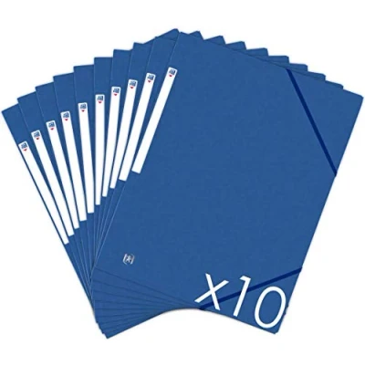 Immagine di Oxford Top File+, confezione di 10 cartelline portadocumenti in cartoncino con 3 alette formato A4, chiusura elastico, tasche, colore: blu