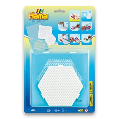 Immagine di Hama Perlen 7712 Set di 2 piastre per penna Midi con diametro 5 mm, motivo quadrato e esagonale in bianco, pellicola adesiva Bead Tac, divertimento grandi piccini