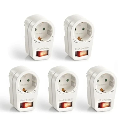 Immagine di Perfect, adattatore per presa con interruttore on/off, 1x Schuko, 16A / 250V AC, 3680 watt, bianco, set da 5