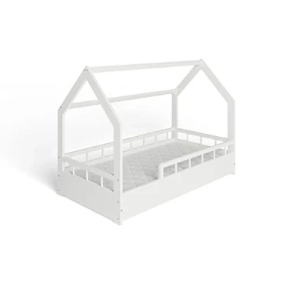 Immagine di MS FACTORY Letto Casetta in Massello con un Materasso 80x160cm Telaio a Doghe per Bambini Singolo Sponda Anticaduta Stile Scandinavo Nordico Montessori Mezze Barriere Bianche