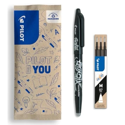 Immagine di PILOT Confezione da 1 Frixion Ball + set di 3 ricariche Penna cancellabile con inchiostro termosensibile roller ricaricabile realizzata in plastica riciclata Nero Punta media