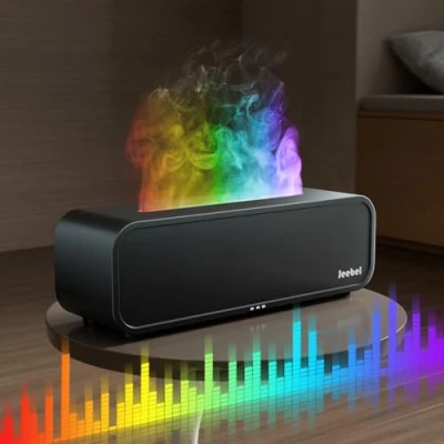 Immagine di Jeebel Diffusore Aromi per Oli Essenziali, con Rilevamento Ritmo/Variazione Fiamma RGB/Telecomando/7 modalità/Timer, 250ml Mini Umidificatore Portatile Aromaterapia Camera Letto/Ufficio