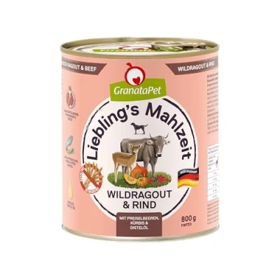 Immagine di GranataPet Liebling’s Mahlzeit carne di selvaggina e manzo, cibo per cani, umido scatolette cani senza cereali zuccheri aggiunti, alimento completo, 6 x 800 g