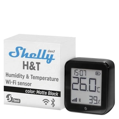 Immagine di Shelly Plus H&amp;T Gen. 3 Matte Black Sensore di temperatura e umidità senza fili Bluetooth, Wi Fi