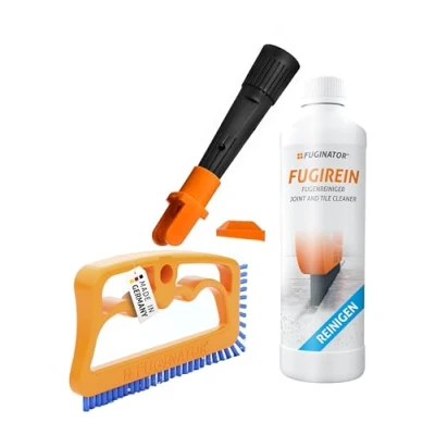Immagine di FUGINATOR® spazzola per fughe arancione/blu + adattatore UE e detergente da 250 ml, pulizia in piedi, piastrelle, WC, bagno, adatta silicone, con setole