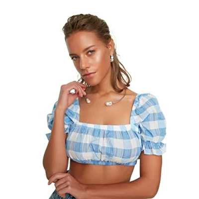 Immagine di Trendyol Camicetta a Quadretti Blu con Maniche Palloncino Camicia da Donna, 38