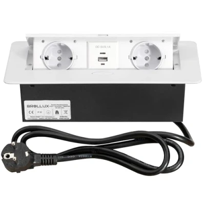 Immagine di BROLLUX Presa da incasso a scomparsa, 2 prese con USB e USBC, colore bianco, apertura morbida, in alluminio pressofuso, 1,5 m, cavo di collegamento