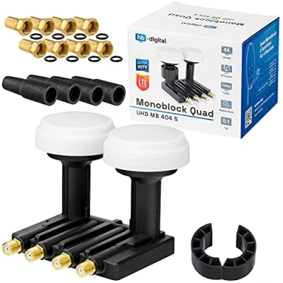Immagine di Opticum Set LNB monoblocco HB DIGITAL, 0,1dB, LNC Direkt 2 Sat Astra 19,2 Hotbird 13, Full HD TV 3D Ultra 4K, guaina in gomma e spina F dorata