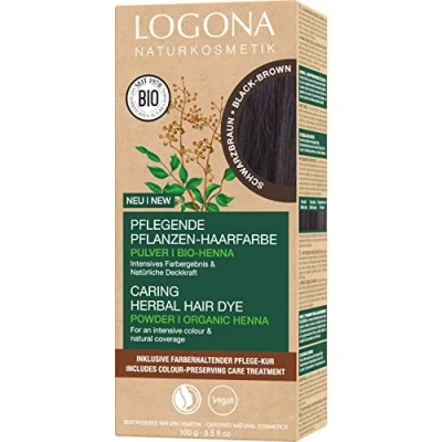 Immagine di LOGONA Naturkosmetik Colorante vegetale per capelli in polvere vegana con henné biologico colori intensi e lucentezza, colore vegetali marrone nero (marrone), 1 x 100 g