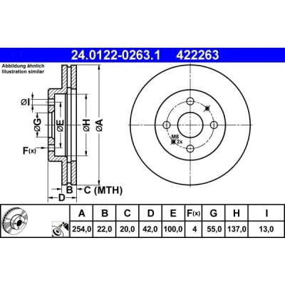 Immagine di ATE 24.0122 0263.1 Disco freno 254,0 22,0 4 100,0 ventilato rivestito DAIHATSU: Sirion II, Materia, SUBARU: JUSTY