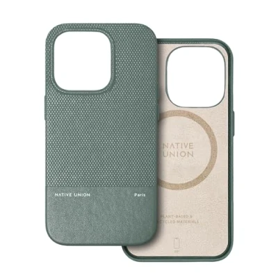 Immagine di Native Union Custodia (Re) Classic Compatibile con MagSafe Realizzata materiali riciclati e di origine vegetale Protezione antigraffio 1,8 metri per iPhone 15 Pro (Verde ardesia)