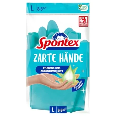 Immagine di Spontex Guanti riutilizzabili Mani morbide con Olio di Mandorla, Lattice Naturale, Blu, L (Confezione da 2), 2 unità