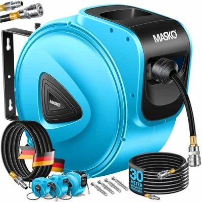 Immagine di MASKO® Avvolgitore per tubo ad aria compressa automatico Attacco 1/4 Avvolgitubo Portatubo a muro compressa, blu, 30m