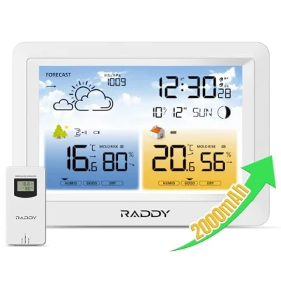 Immagine di Stazione meteorologica wireless Raddy WM6 con sensore remoto, batteria integrata da 2000 mAh, barometro, orologio DCF, previsioni meteo, avviso rischio muffa, display a colori per interni ed esterni