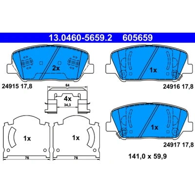 Immagine di ATE 13.0460 5659.2 Kit pastiglie freno con segnalatore acustico usura lamierino anticigolío accessori KIA: cee‘d II Hatchback