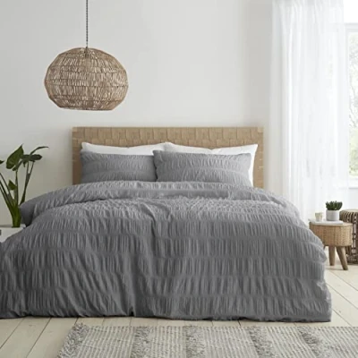 Immagine di Catherine Lansfield Seersucker Set copripiumino singolo con federa, colore: grigio
