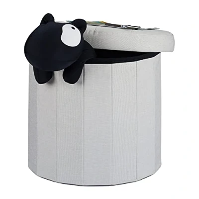 Immagine di Relaxdays Pouf Poggiapiedi con Contenitore, Rotondo, Pieghevole, Imbottito, Coperchio, Lino, Crema, 45 cm